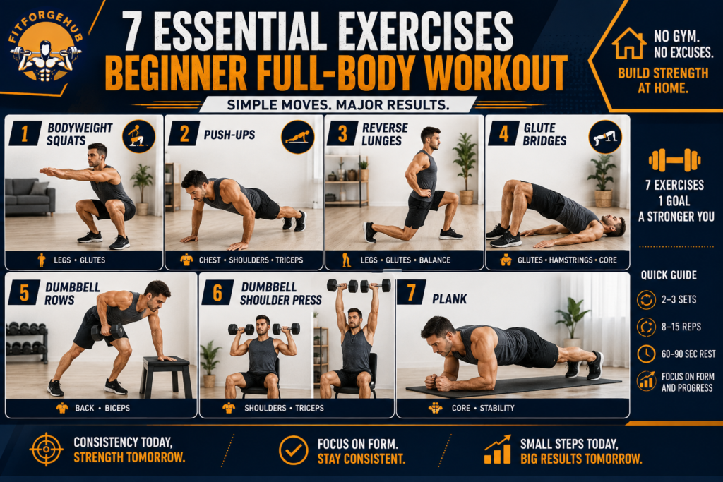 beginner exercises for building muscle at home Collage showing seven beginner home exercises: bodyweight squats, push-ups, reverse lunges, glute bridges, dumbbell rows, dumbbell shoulder presses, and planks.