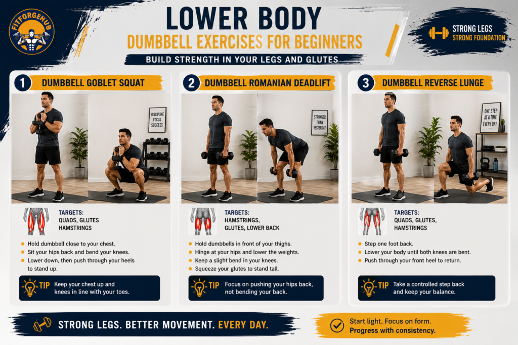 Beginner performing dumbbell goblet squat Romanian deadlift and reverse lunge at home