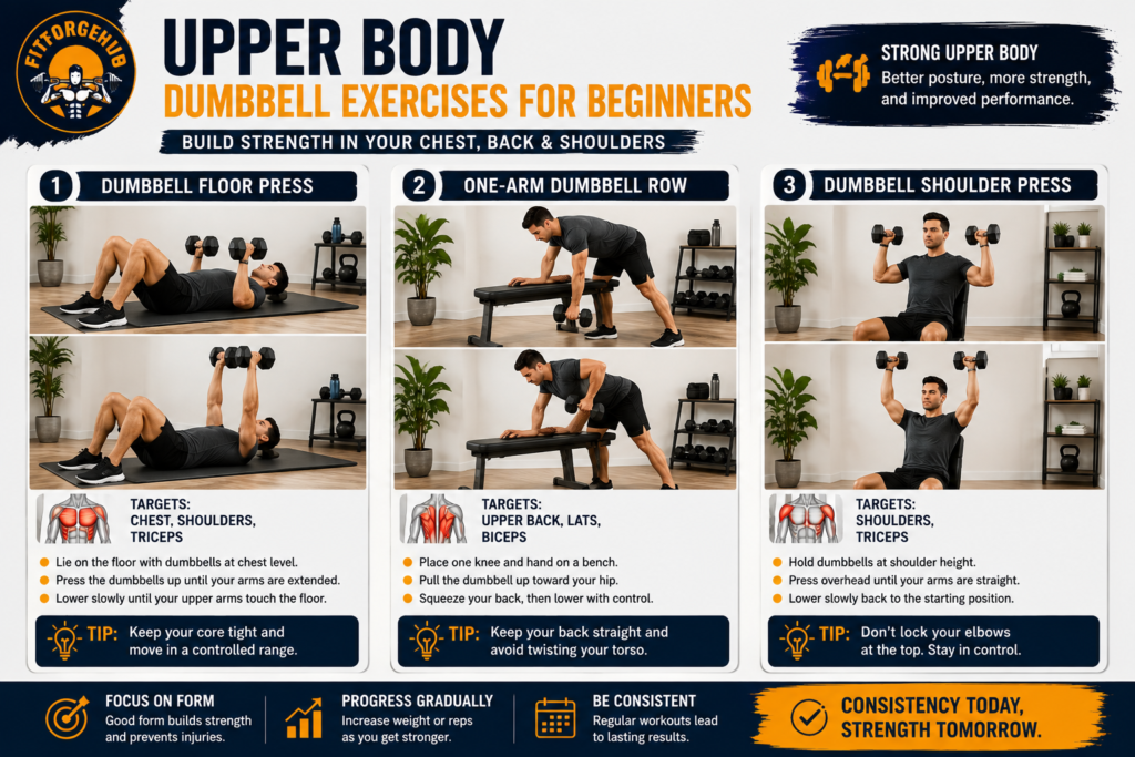 Beginner performing dumbbell floor press one-arm dumbbell row and shoulder press at home