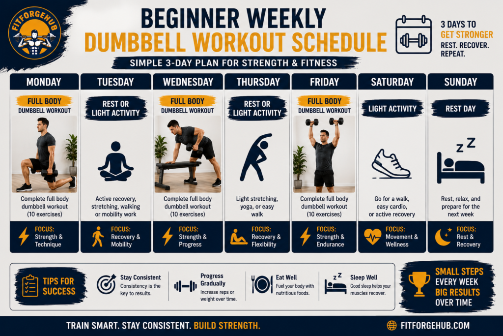 three day dumbbell workout schedule for beginners