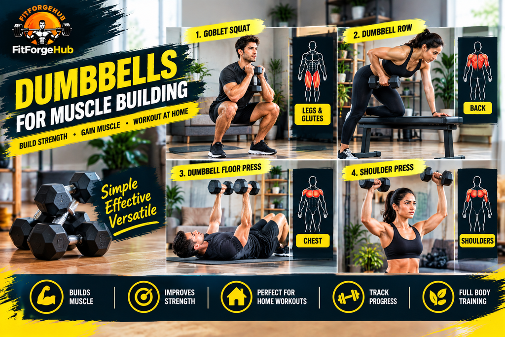 dumbbells-for-muscle-building-at-home.jpg Dumbbell exercises for muscle building at home including squats, rows, floor presses, and shoulder presses