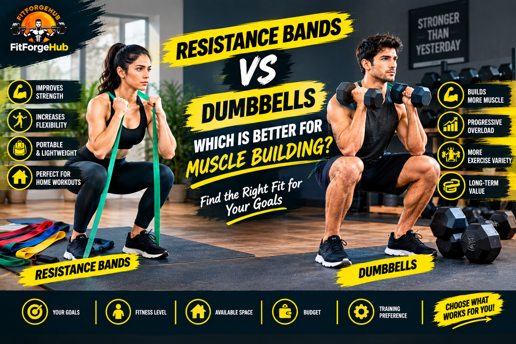 resistance-bands-and-dumbbells-home-workout.jpg Woman using resistance bands and man lifting dumbbells during home strength training