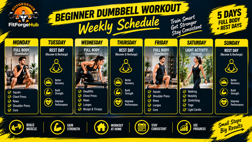 resistance-bands-dumbbells-weekly-workout-schedule.jpg Beginner weekly dumbbell workout schedule with full-body training on Monday, Wednesday and Friday, recovery days and optional Saturday activity