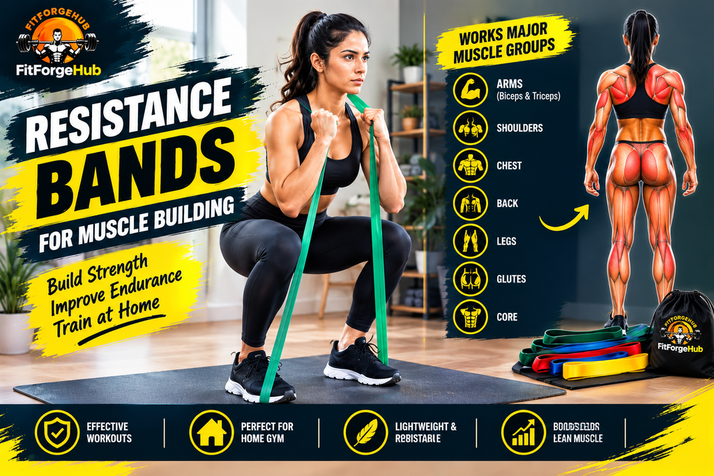 resistance-bands-for-muscle-building.jpg Woman performing a resistance band squat for muscle building at home