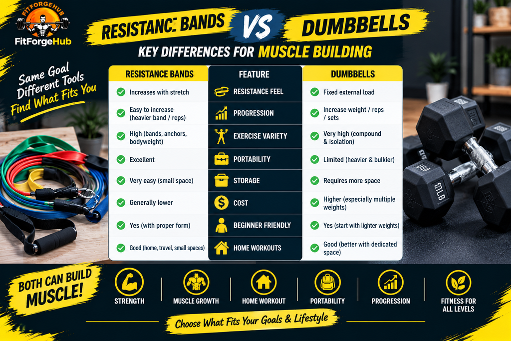 resistance-bands-vs-dumbbells-comparison.jpg Resistance bands vs dumbbells comparison infographic showing resistance, progression, portability, storage, cost, and home workout differences