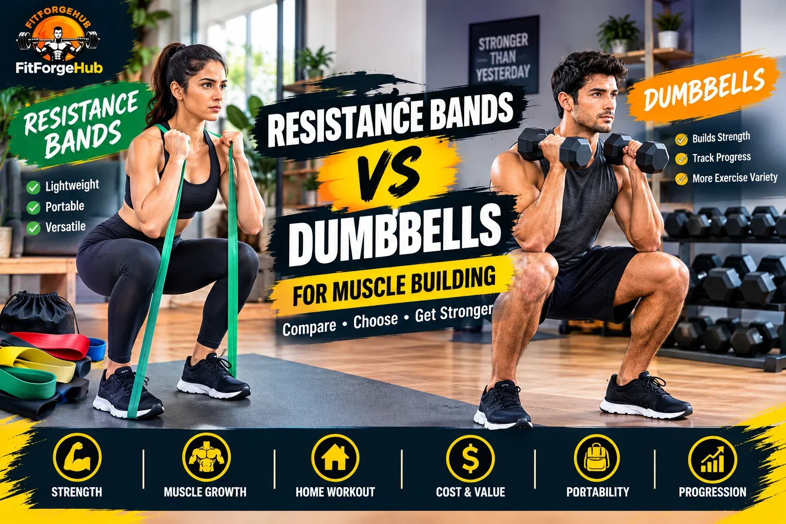 Resistance bands vs dumbbells for muscle building at home, showing band and dumbbell exercises
